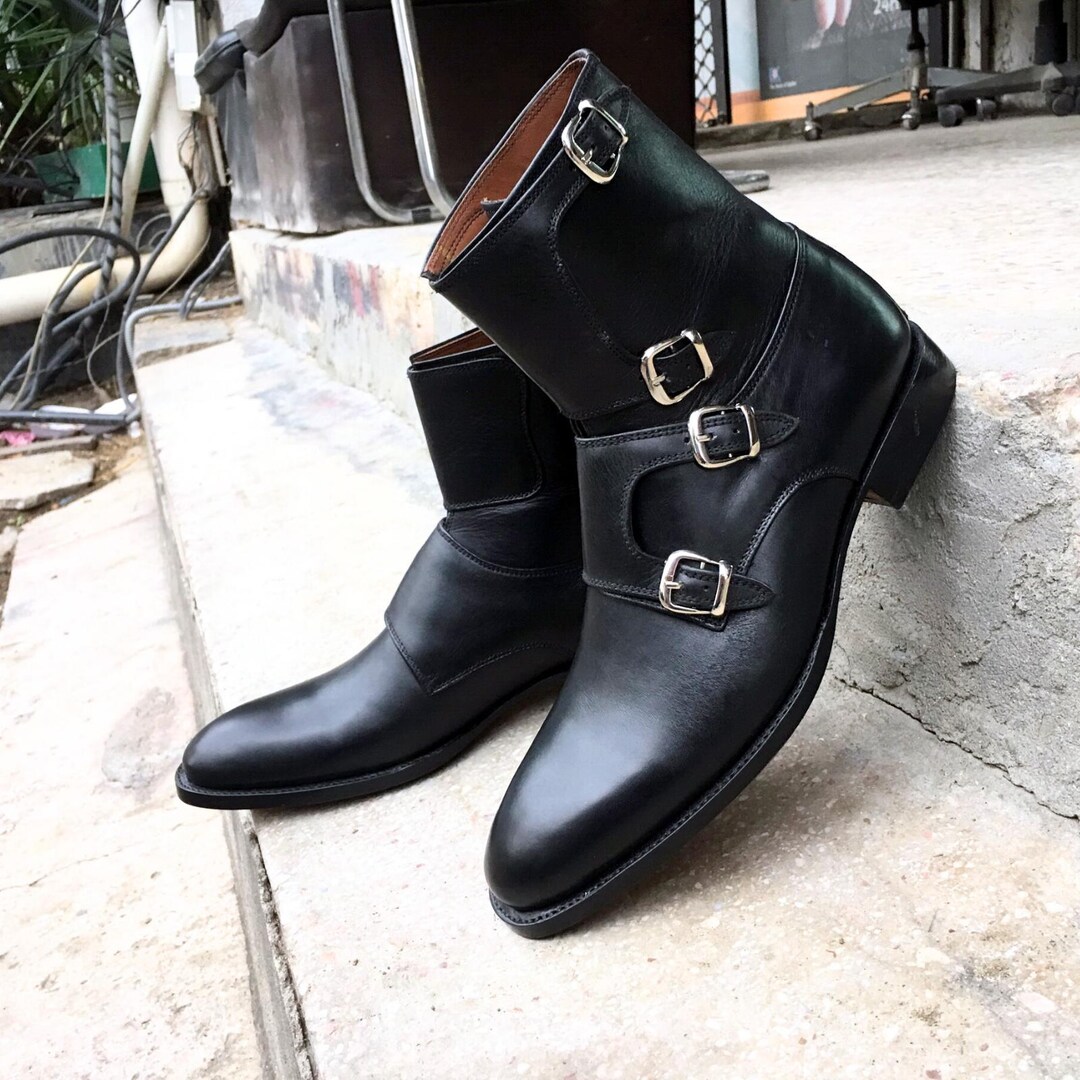 Handmade Leather Monk Strap Boots: Rogue Studs, Almond Toe  display picture 2