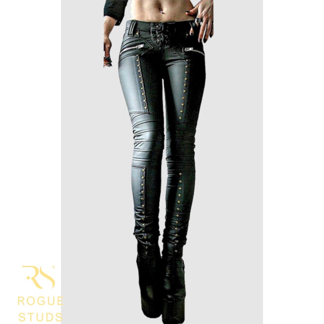 Rogue Studs Women Handmade Leather Jeggings with Studs | High Waist Stretch Leggings Alternative Fashion Punk Rock Styles