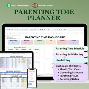 Puede incluir: Un planificador digital de tiempo parental mostrado en una computadora portátil, tableta y teléfono inteligente. La interfaz incluye un panel con métricas de tiempo, estados de actividades y registros detallados de entregas.