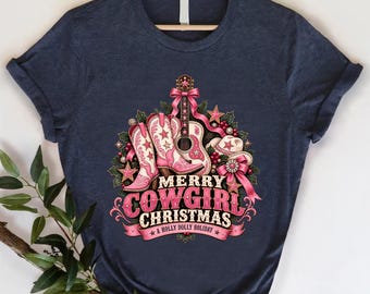 Merry Cowgirl Christmas Guitar Graphic Tee Navy Holiday Music Shirt