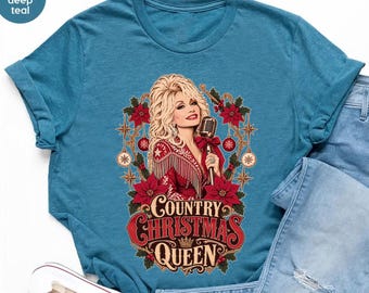 Country Christmas Queen Dolly Graphic Tee Teal Holiday Music Lover Shirt