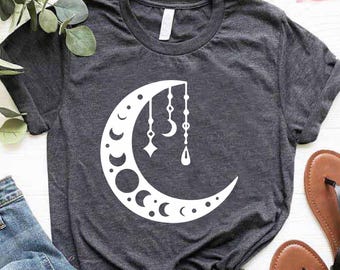 Moon and Stars Celestial T Shirt, Boho Moon Shirt, Moon Gifts for Women, Moon Phase Shirt, Moon Lover Gift, Moon Shirt Women, Gift for Her