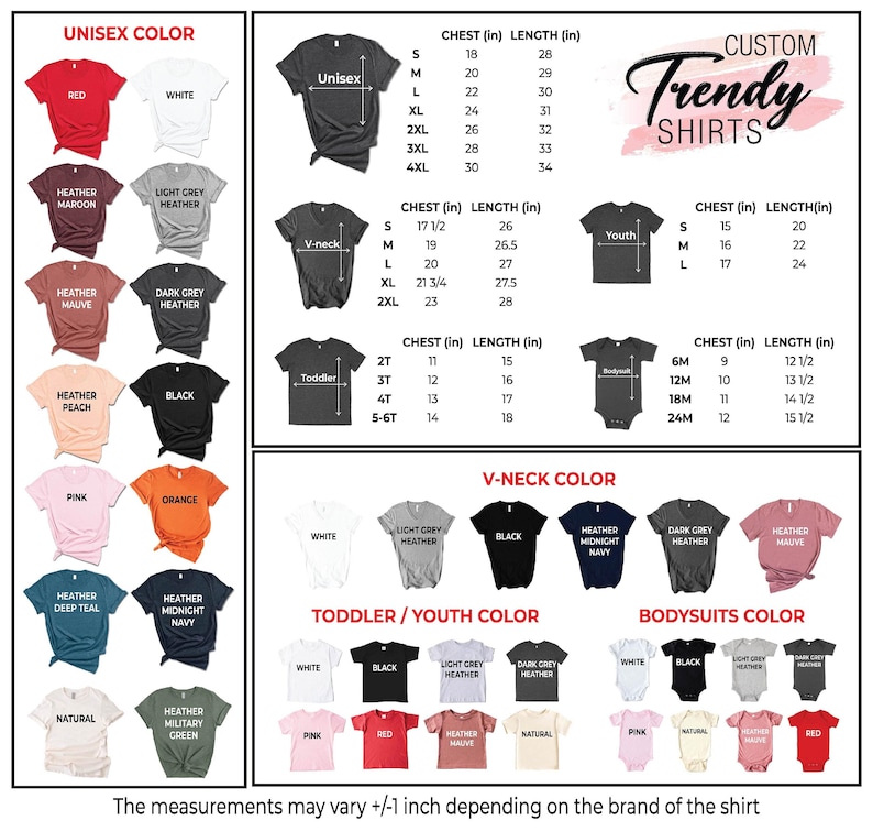 K&ouml;nnte beinhalten: Grafik mit T-Shirt-Farben und -Gr&ouml;&szlig;en, einschlie&szlig;lich Unisex, V-Ausschnitt, Kleinkind, Jugend und Body-Stilen. Ma&szlig;e in Zoll f&uuml;r Brust und L&auml;nge. Der Text "Custom Trendy Shirts" ist ebenfalls sichtbar.