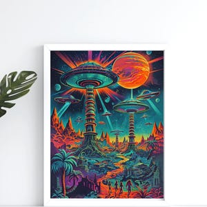 Psychedelic Alien Planet Poster – Trippy Sci-Fi Wall Art Print, Neon Space Landscape Digital Download, Retro Futuristic Decor