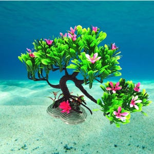 May include: An artificial aquarium decoration resembling a bonsai tree. The tree has a dark brown trunk and branches, with vibrant green leaves and pink flowers. It sits on a gray, textured base, creating a naturalistic underwater scene.