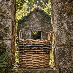 May include: A cylindrical basket woven from thick tan rope featuring two upright rope handles and a prominent horizontal band of dark navy blue rope woven into the upper section of the structure, creating a textured and sturdy storage container.