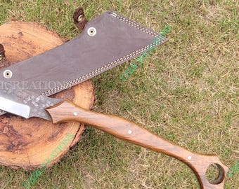 Handmade Reaver Cleaver Machete: Spring Steel, Rosewood Handle, Leather Sheath