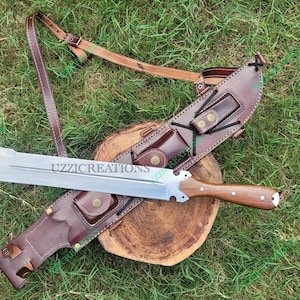 Handmade Spring Steel Blade Full Tang Machete: 22&quot; Overall,ROSE Wood Handle with Genuine Leather Sheath