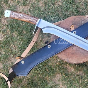 32"Handmade Spring Steel Blade Full Tang Viking Machete,Carved Wooden Handle with Genuine Leather Sheath