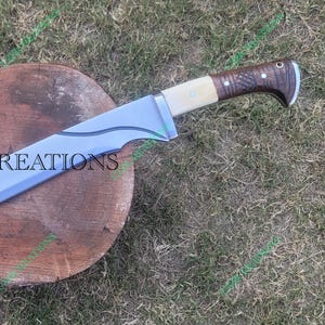24&quot;Handmade Spring Steel Blade Full Tang Viking Machete: Carved Bone & wood Handle with Genuine Leather Sheath