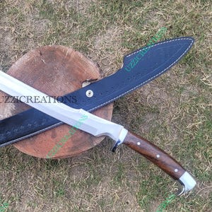 Handmade Spring Steel Blade Full Tang Viking Machete/Sword:Rose Wooden Handle with Genuine Leather Sheath