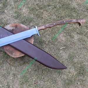 39&quot;Handmade Large Machete,Spring Steel Blade Full Tang: Carved Wooden Handle with Genuine Leather Scabbard
