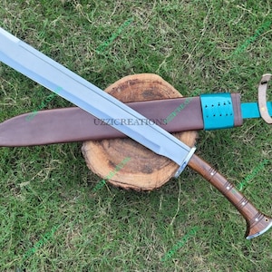 Handmade VIKING Machete: Spring Steel Blade Full Tang,Carved Wooden Handle with Genuine Leather Scabbard