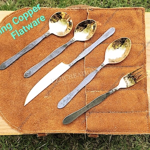 Forged Viking Copper Flatware Set: Medieval Stainless Steel, Leather Roll