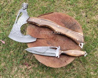 Handmade Axe & Knife Hunting Set: Spring Steel Blades, Leather Sheath