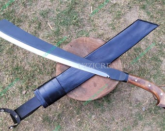 Handmade 28" Parang Machete: Spring Steel Blade, Rosewood Handle, Leather Scabbard