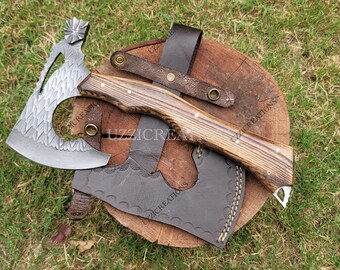 Handmade Spring Steel Hatchet: Ash Wood Handle, Leather Sheath