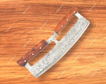 Hand-Forged Damascus Steel Pizza Cutter: Rocker Slicer with Rose Wood Handle