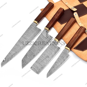 Handmade Damascus Steel Chef Knife Set: Rosewood Handle, Leather Roll