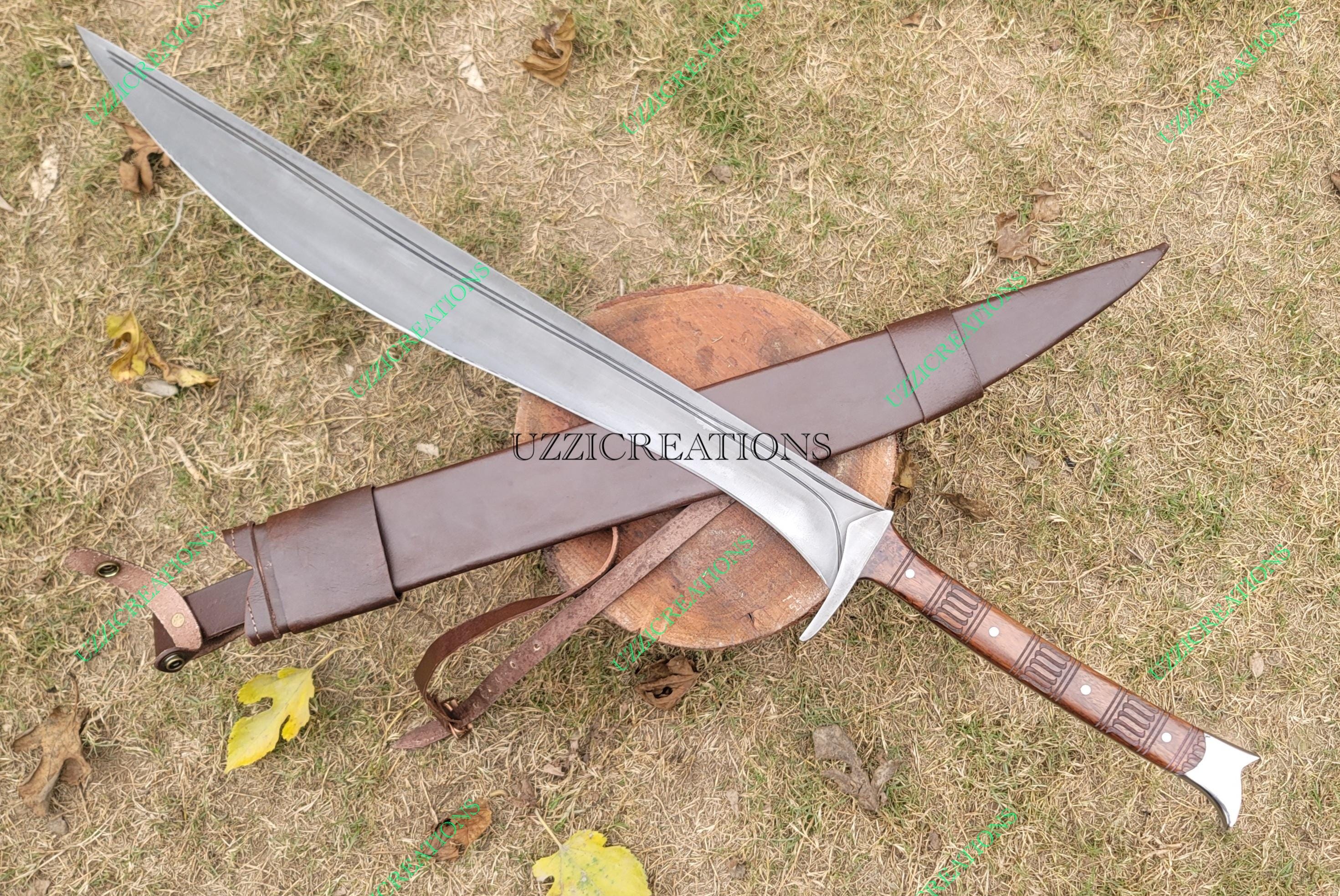 Handmade Falcata Machete:Spring Steel Blade Full Tang,Carved Wooden Handle with Genuine Leather Sheath