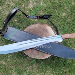 Handmade Spring Steel Machete: Full Tang Rose Wood Handle, Leather Sheath