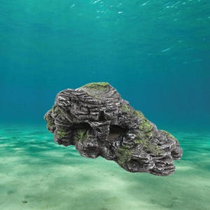 May include: A gray and black aquarium decoration resembling a rock formation, with green moss-like accents. The artificial rock has a cave-like opening and is submerged in water, creating a naturalistic underwater environment.
