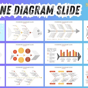 Op de afbeelding: Een digitale afbeelding met verschillende sjablonen voor visgraatdiagramdia's voor PowerPoint-presentaties. De afbeelding bevat meerdere ontwerpen met de tekst "FISHBONE DIAGRAM SLIDE" en "50+ TEMPLATES AVAILABLE EDITABLE PPT DESIGNS". De dia's gebruiken een verscheidenheid aan kleuren.