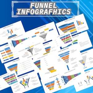 May include: A collection of 12 colorful funnel diagrams, each with a different design and layout. The diagrams are used to illustrate the stages of a sales funnel, marketing funnel, or customer journey. The diagrams include text labels, numbers, and arrows to show the flow of information or customers through the funnel.