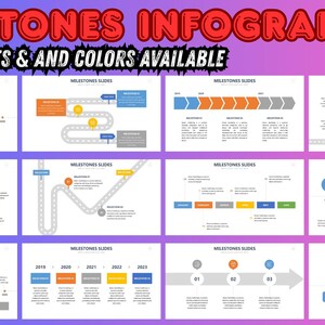 May include: A collection of infographic templates with the text "MILESTONES INFOGRAPHICS" and "50+ TEMPLATES & AND COLORS AVAILABLE". The templates feature timelines, roadmaps, and process diagrams in various colors, suitable for presentations.