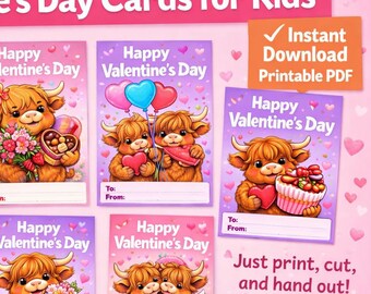 Highland Cow Valentine Cards for Kids | Cute Farm Animal Classroom ...