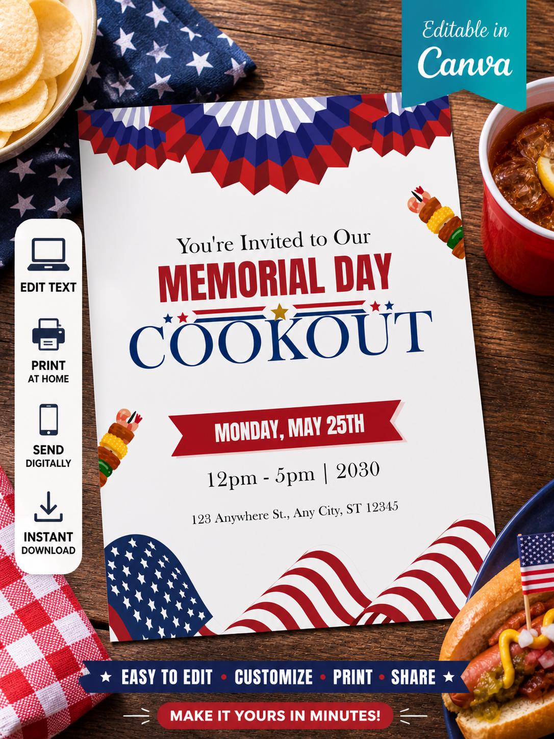 Memorial Day Cookout Invitation Template Canva Editable, BBQ Party ...