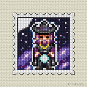 May include: Cross-stitch design of a character in a black and purple outfit, wearing a crown, holding a glowing orb, set against a starry purple background. The design is framed within a white postage stamp border.