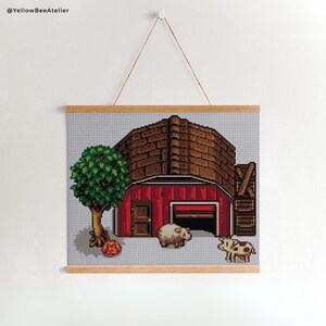 Stardew Valley Barn and Animals Gobeläng Virkmönster, Filtvirkning, Pixel