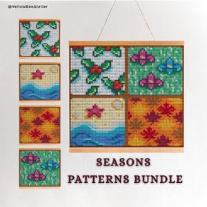May include: A collection of cross-stitch patterns displayed in wooden frames. The patterns include seasonal designs such as holly, beach scenes with starfish, and autumn leaves. The text "SEASONS PATTERNS BUNDLE" is displayed below the framed patterns.