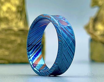 Timascus Titanium Damascus Ring | Anodized Rainbow Band 2 alloy bands 5th Anniversary Gift.