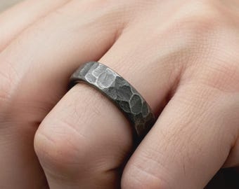 Hammered Black Zirconium Ring, Personalized Wedding Band 5th Anniversary Gift Valantine's Gift.