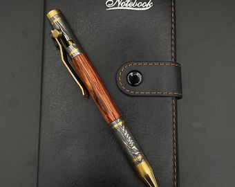 Handmade Damascus Steel & Wood Pen: Brass Accents, Luxury Writing Instrument