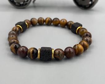 Tiger Eye Lava Stone Beaded Bracelet | Mens Earthy Stone Jewelry