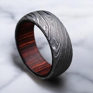 Damascus Steel Whiskey Barrel Dome Ring Wedding Ring Engagement Ring Promise Ring Wood Wedding Band Wood Inlay Damascus Steel Ring Him Her.
