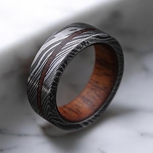 Wood Inlay Damascus Steel Damascus Steel Rings Whiskey Barrel Steel Rings Wood Wedding Ring Engagement Ring Wedding Band Mens Promise Ring.
