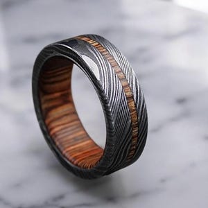 Wood Inlay Damascus Steel Damascus Steel Rings Whiskey Barrel Steel Rings Mens Promise Ring  Wood Wedding Ring Engagement Ring Wedding Band.