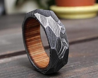 Twist Damascus Steel Ring: Rock Hammered Wedding Band 5th anniversary gift.