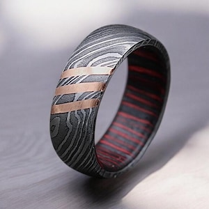 Damascus Steel Whiskey Barrel Dome Ring Wedding Ring Engagement Ring Wood Wedding Band Wood Inlay Damascus Steel Ring Him Her Promise Ring.
