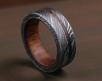 Damascus Steel Ring: Whiskey Barrel Wood Inlay, Mens Wedding Band