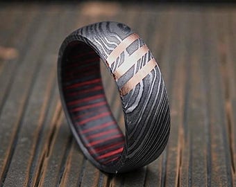 Damascus Steel Whiskey Barrel Wood Inlay Ring• Handmade Forged Ring 5th Anniversary Gift.