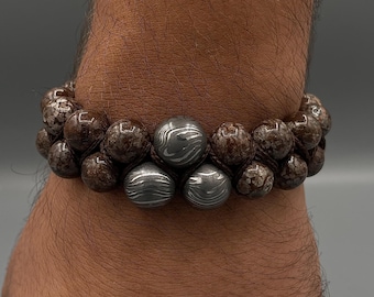 Brown Jasper & Damascus Steel Bracelet - Handmade Beaded Men’s Jewelry