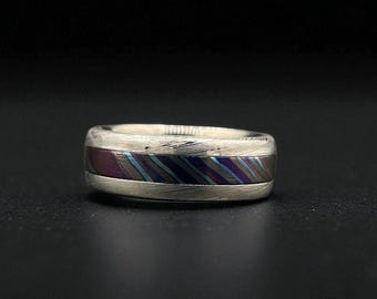 Hand-Forged Damasteel Wedding Band | Silver Damascus Ring with Blue-Purple Zirconium Inlay Gift For Him