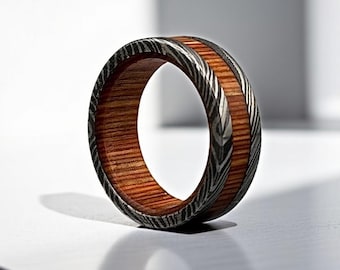 Damascus Steel & Whiskey Barrel Wood Ring: Unique Wedding Band 5th Anniversary Gift.