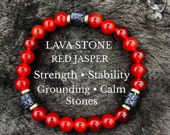 Men’s Red Jasper & Lava Stone Bracelet | Strength Grounding Energy | Handmade Beaded Bracelet Gift for Him