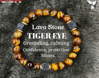 Men’s Lava Stone & Onyx Bracelet | Grounding Protection | Handmade Beaded Bracelet Gift for Him.